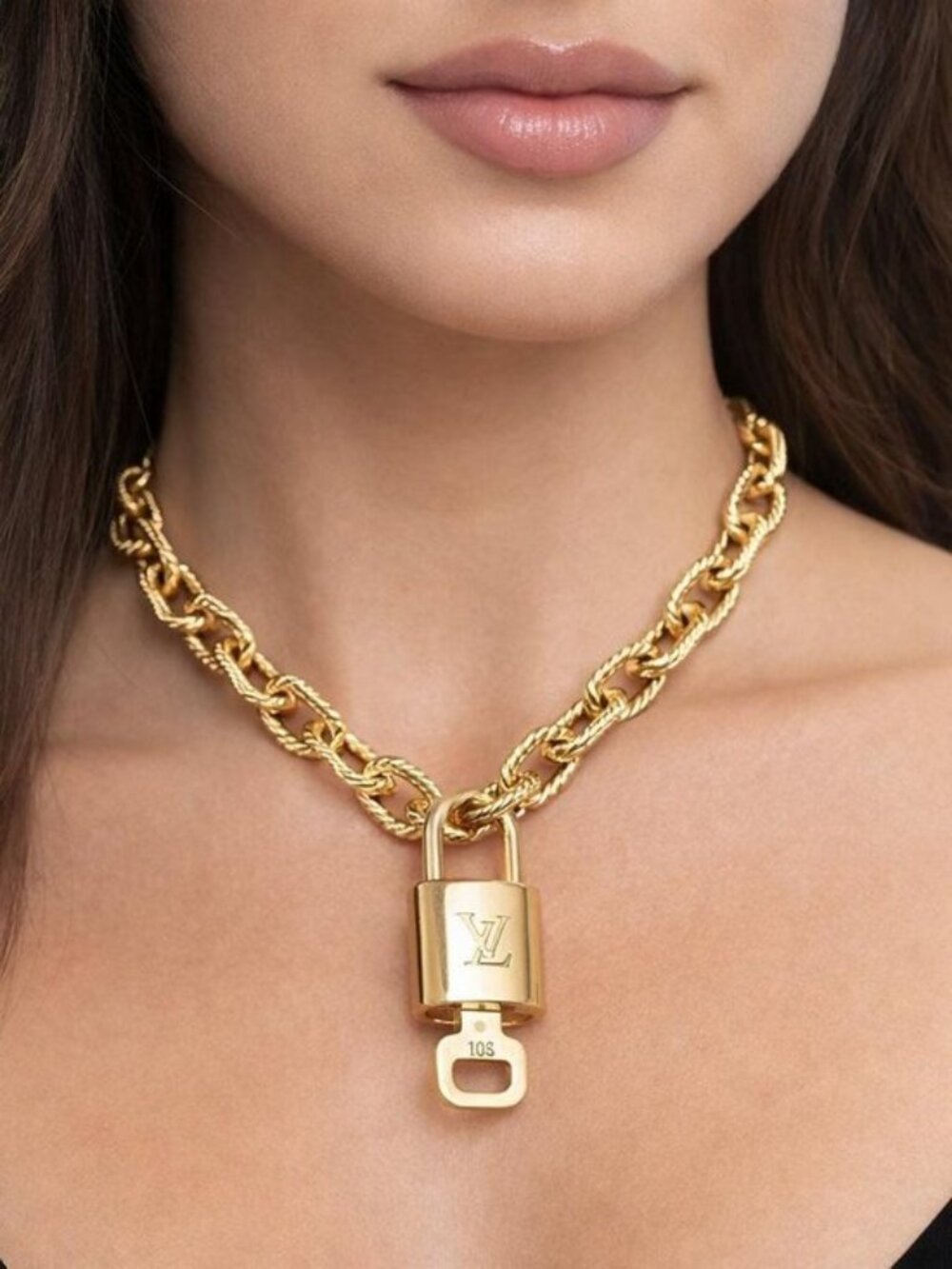 Authentic Louis Vuitton Lock and Key Gold Color with Gold Plated Chain Necklace
